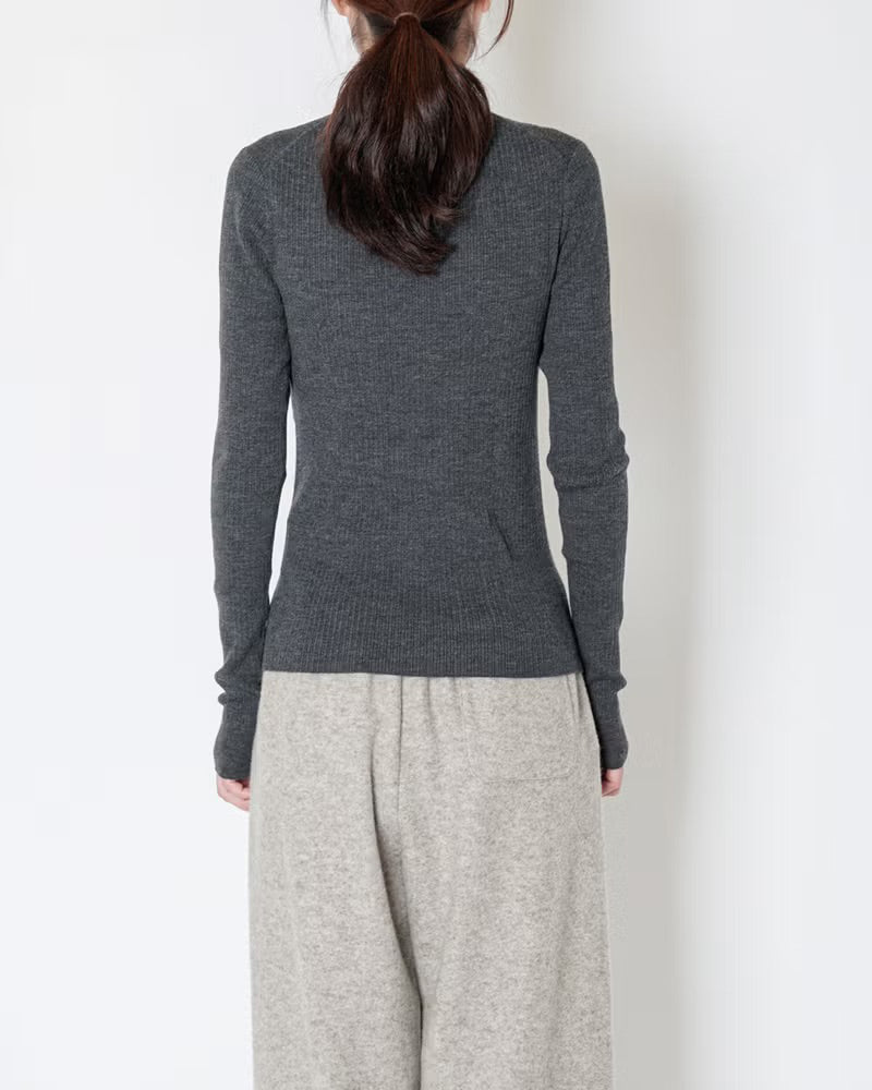 LACY RIB HIGH NECK KNIT - CHARCOAL