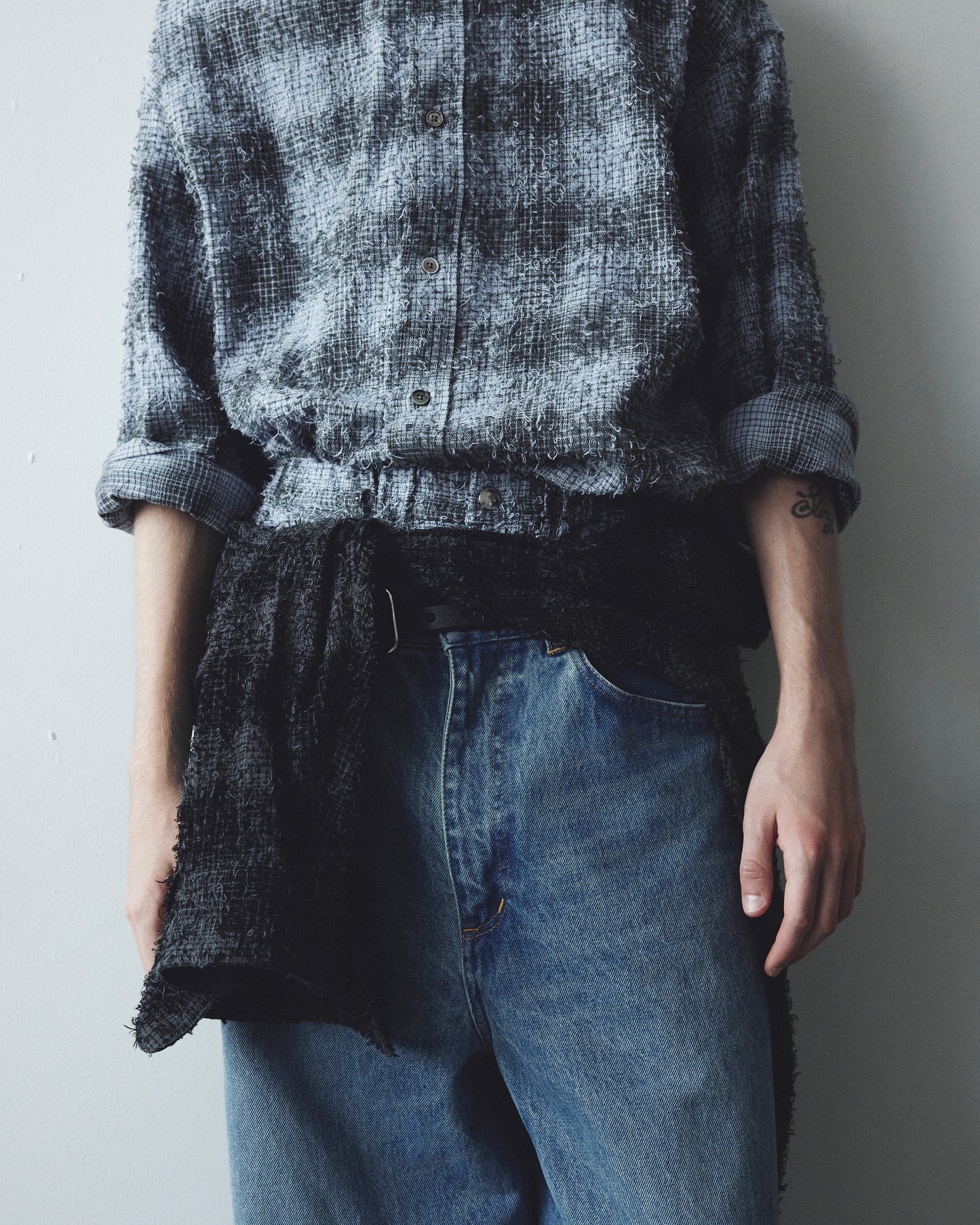 COTTON FLANNEL NEEDLE PUNCH OVERSIZED REGULAR COLLAR SHIRTS - SAX