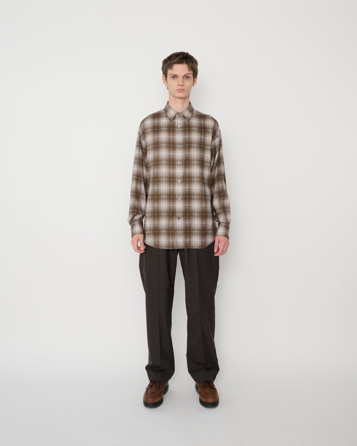 COTTON RAYON SILK PRINT CHECK REGULAR SHIRT - BROWN CHECK