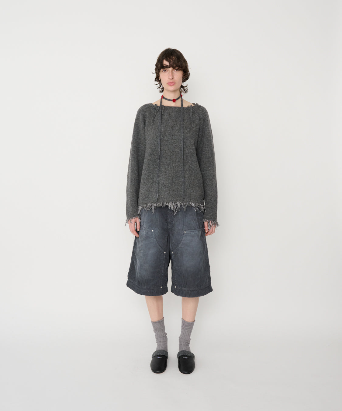 5G FRAYED HEM SWEATER - GRAY