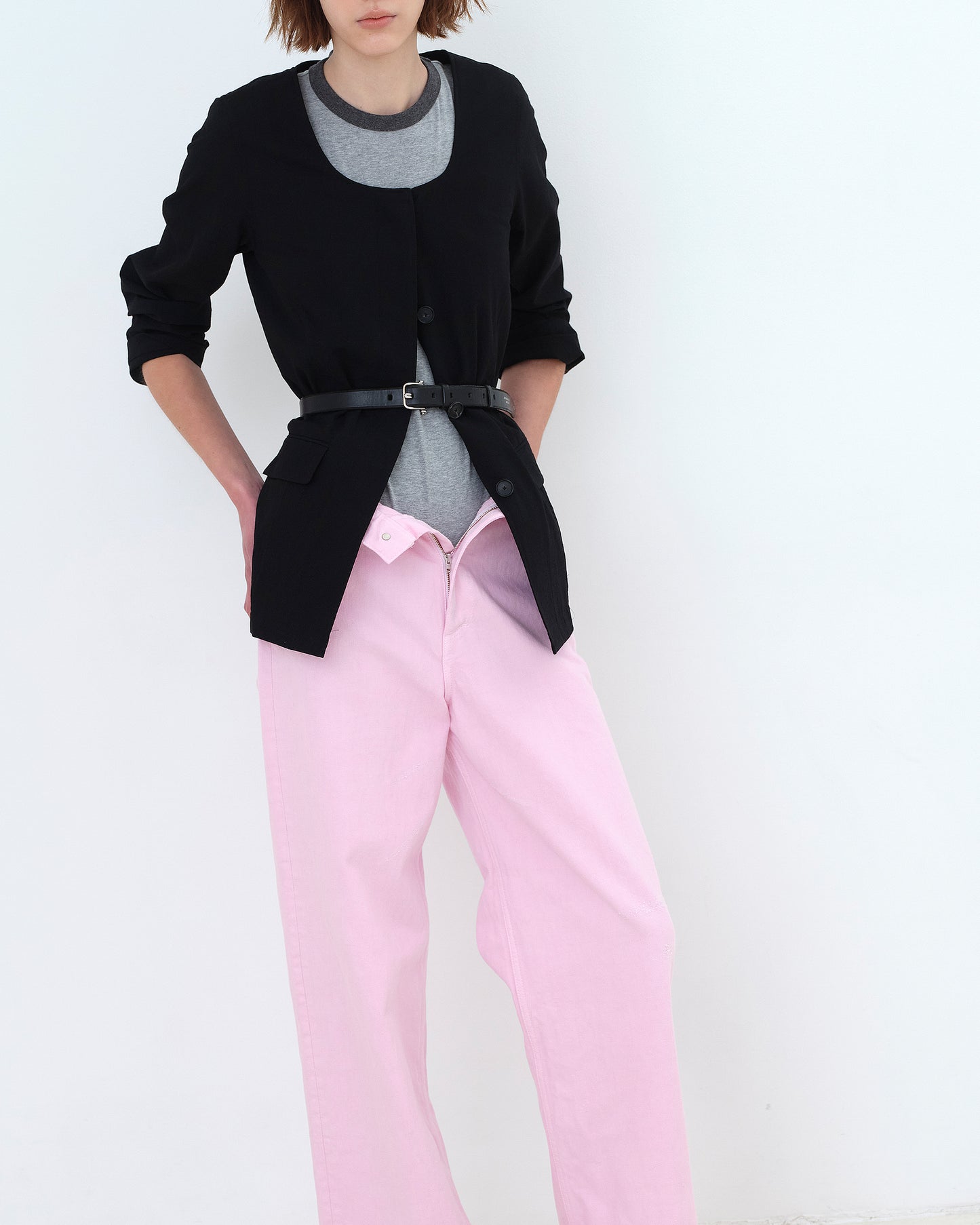 HIGH GAUGE WOOL U NECK JACKET - BLACK