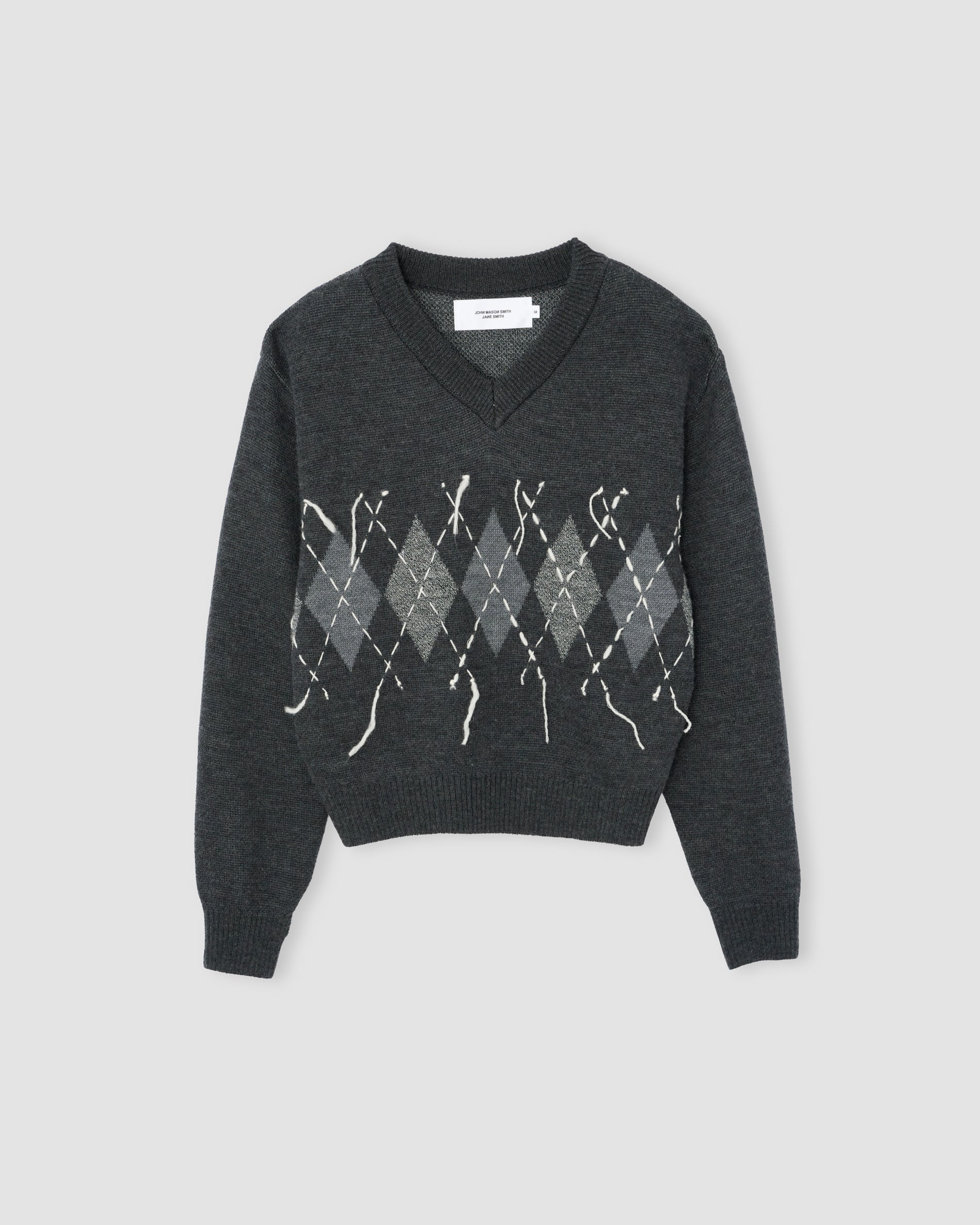 JANE SMITH 7G DOUBLE JACQUARD ARGYLE V NECK SWEATER GRAY | HAKU