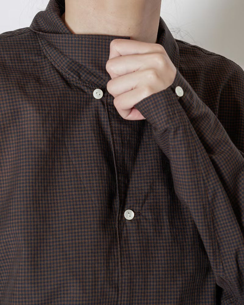 SILK BLENDED MINI CHECK PAJAMAS SHIRT - BROWN