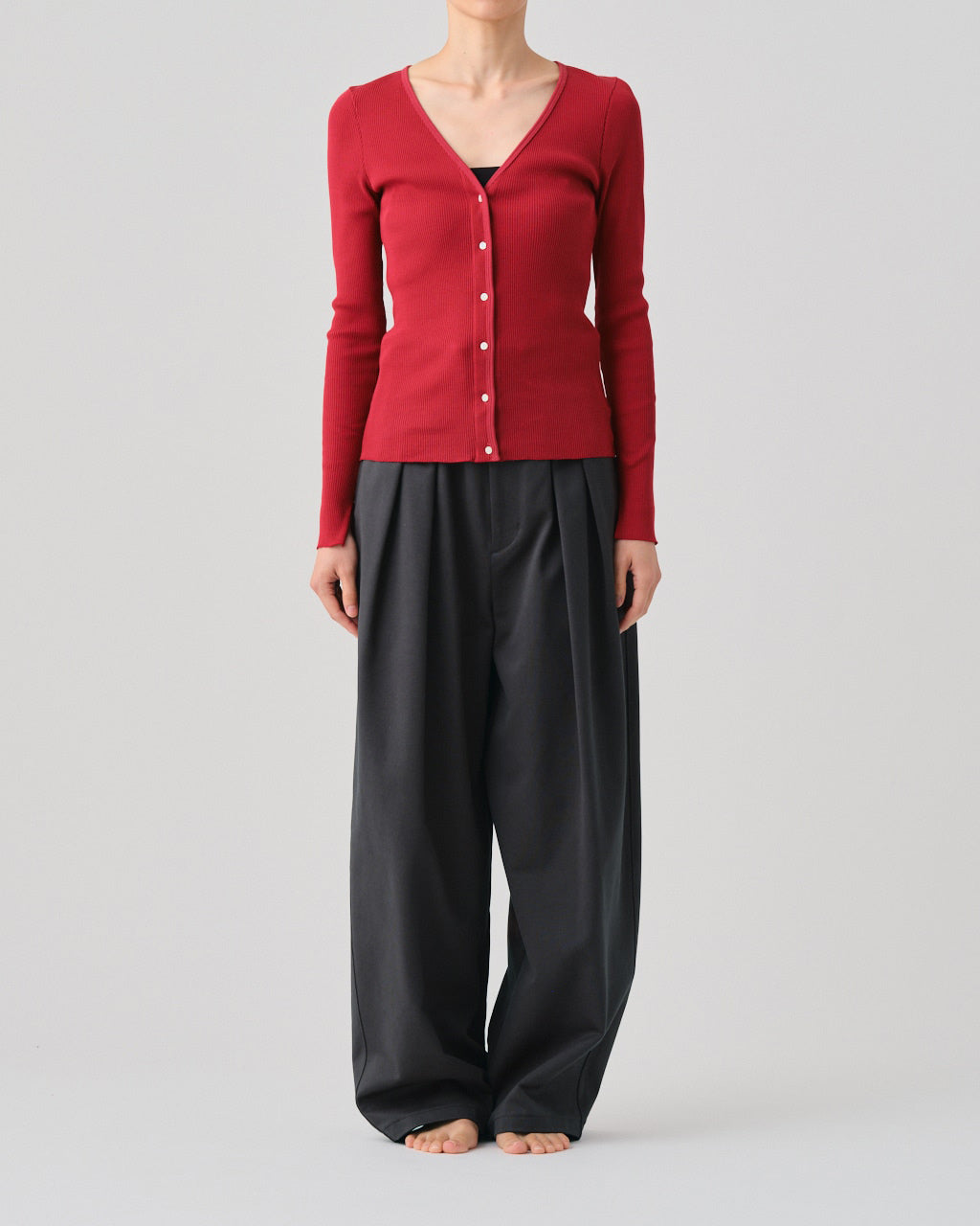 FRESCA-ZERO THICK RIB V NECK CARDIGAN - CHERRY RED