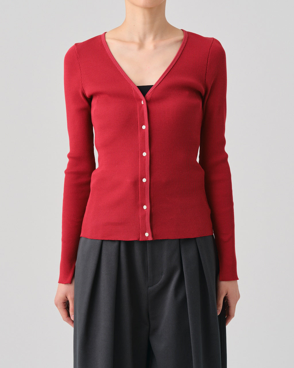 FRESCA-ZERO THICK RIB V NECK CARDIGAN - CHERRY RED