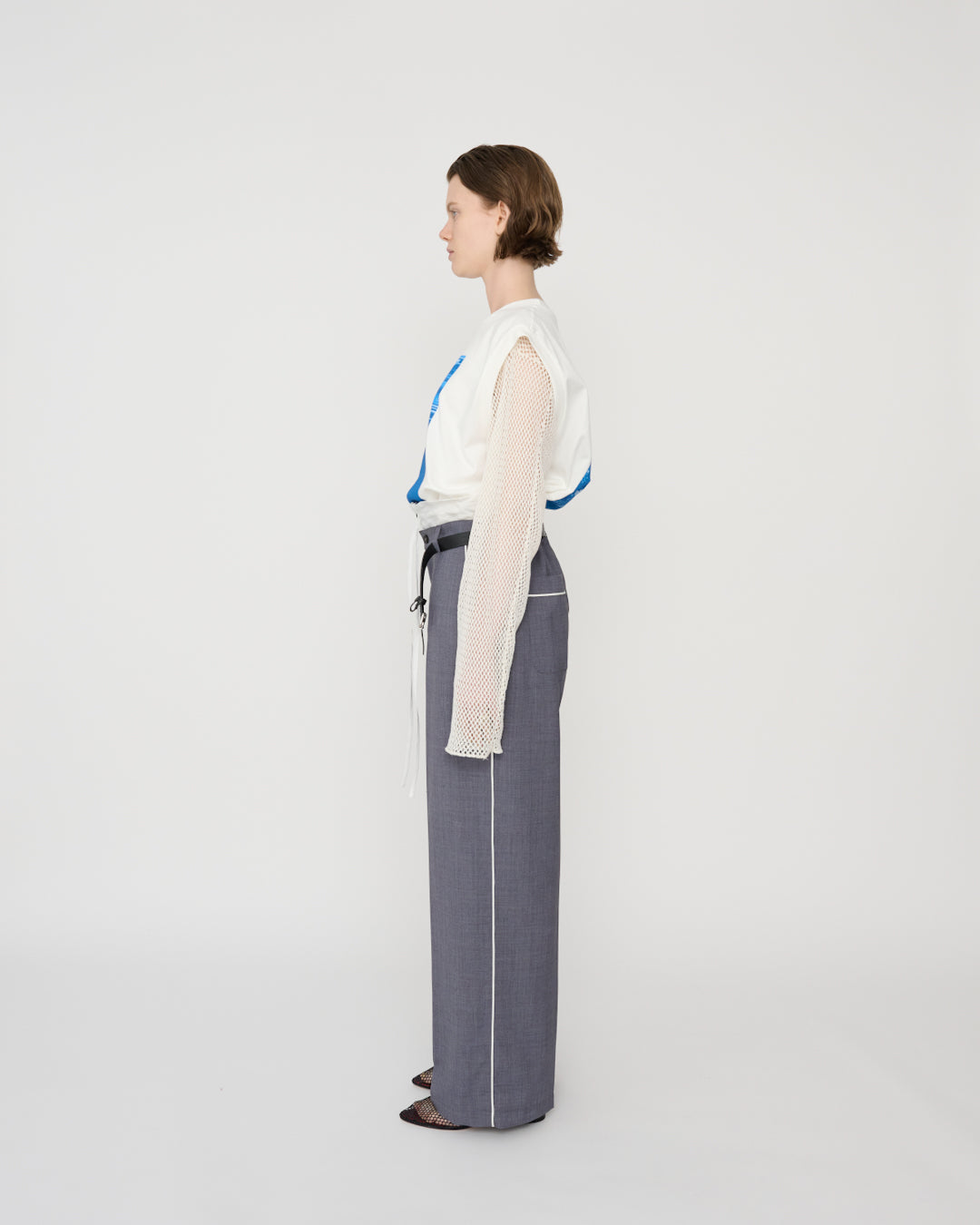 POLYESTER WOOL TROPICAL PIPING PAJAMA PANTS - GRAY