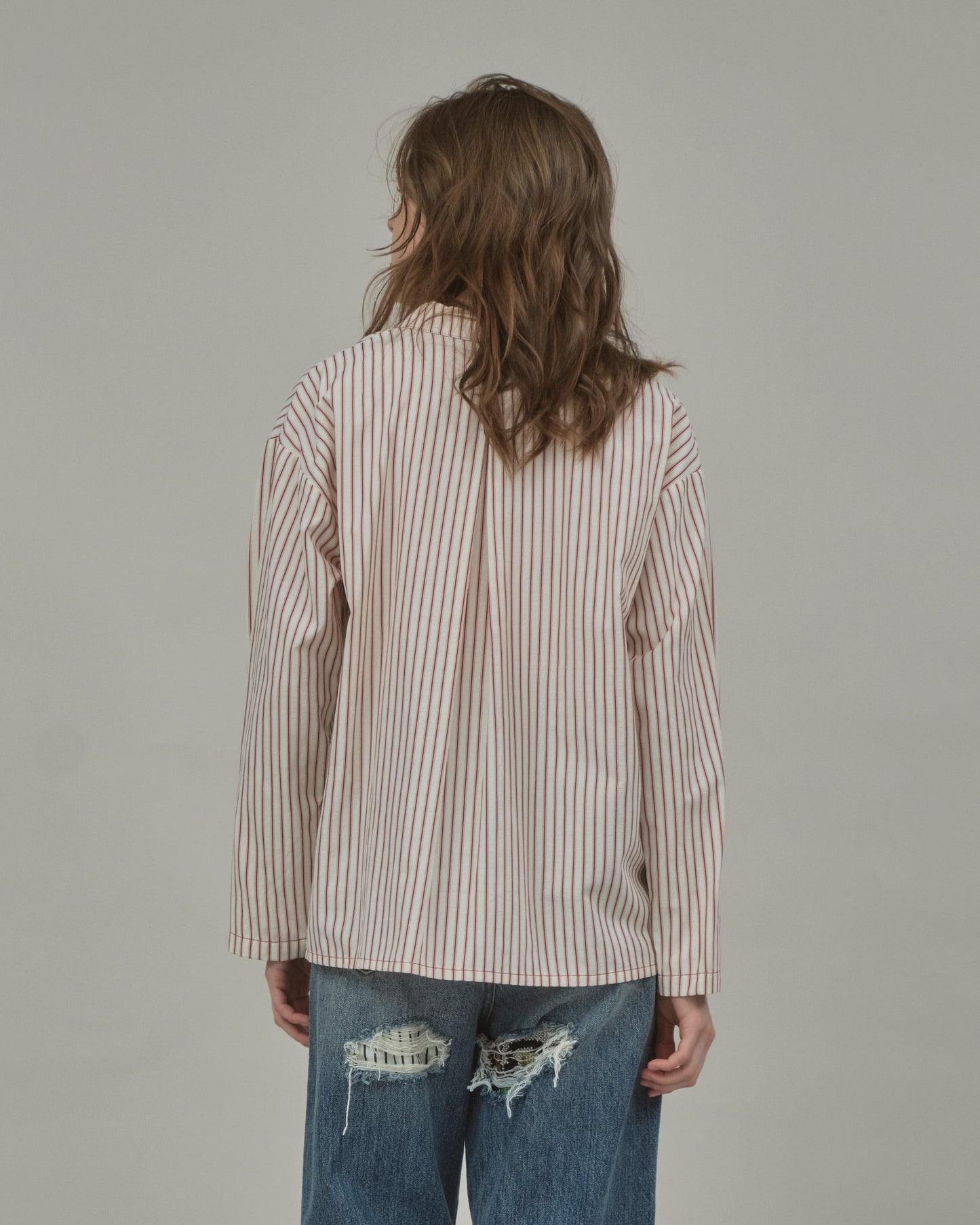 STRIPE OPEN COLLAR SHIRT - O/WHITE
