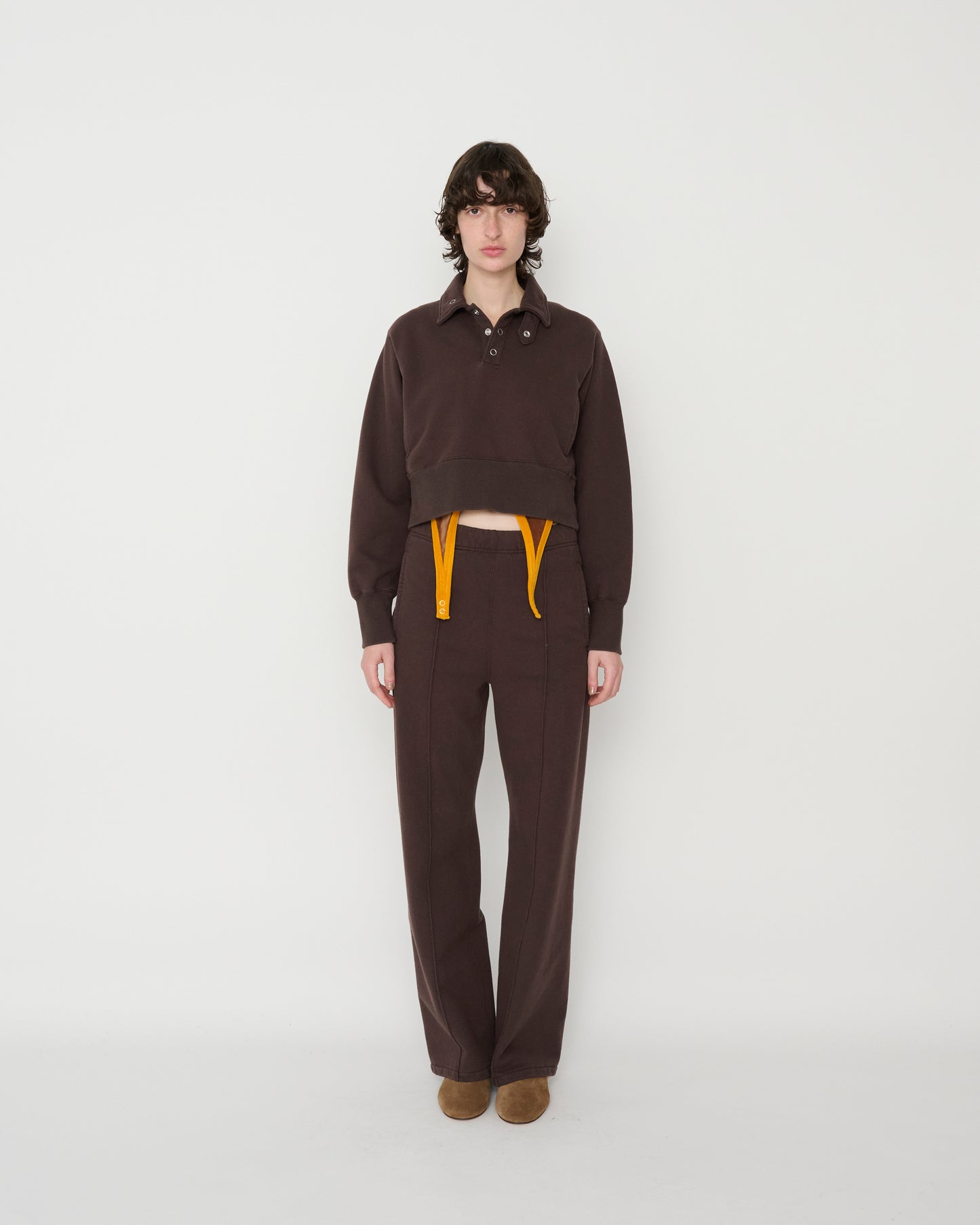 FROSTING COTTON FLEECE SNAP COLLAR PULLOVER - BROWN