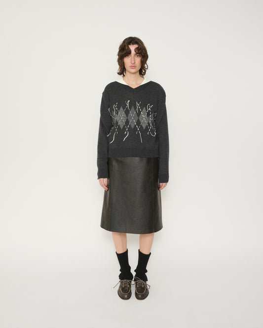 7G DOUBLE JACQUARD ARGYLE V NECK SWEATER - BROWN