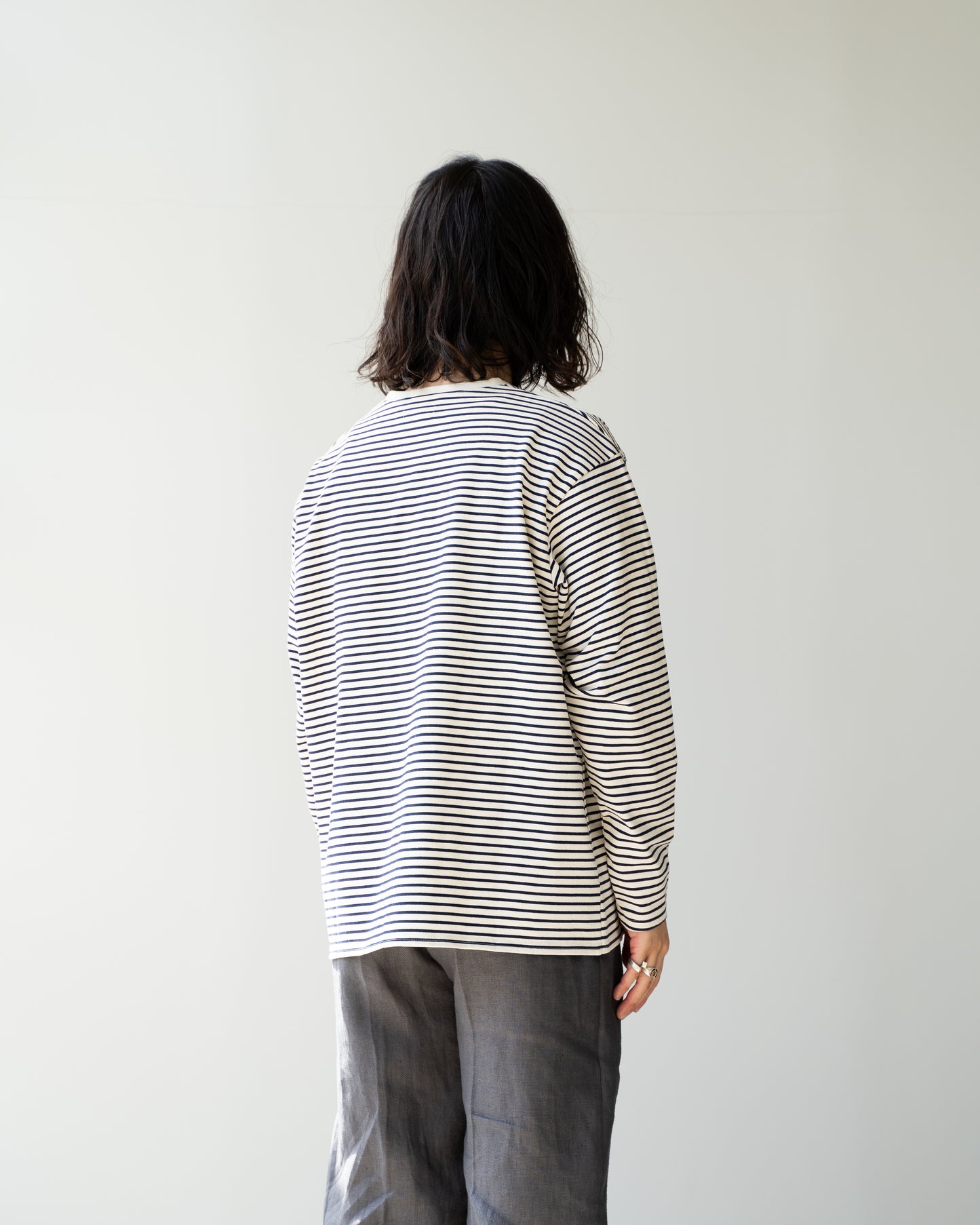 PURE COTTON BORDER L/S T-SHIRTS - NAVY