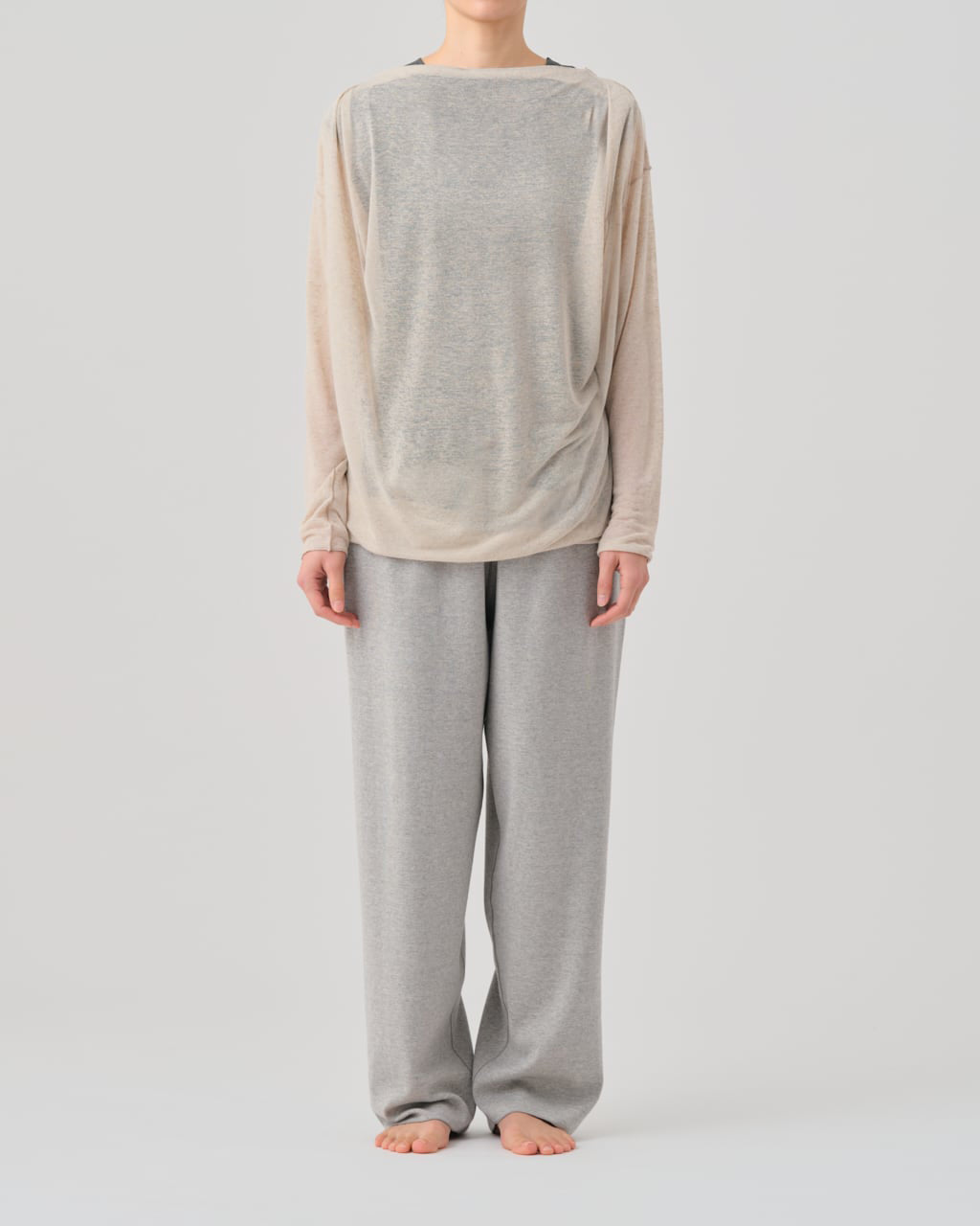 LINEN COVERED POLYESTER CORE FINE JERSEY DRAPED LONG SLEEVEPULL OVER - NATURAL