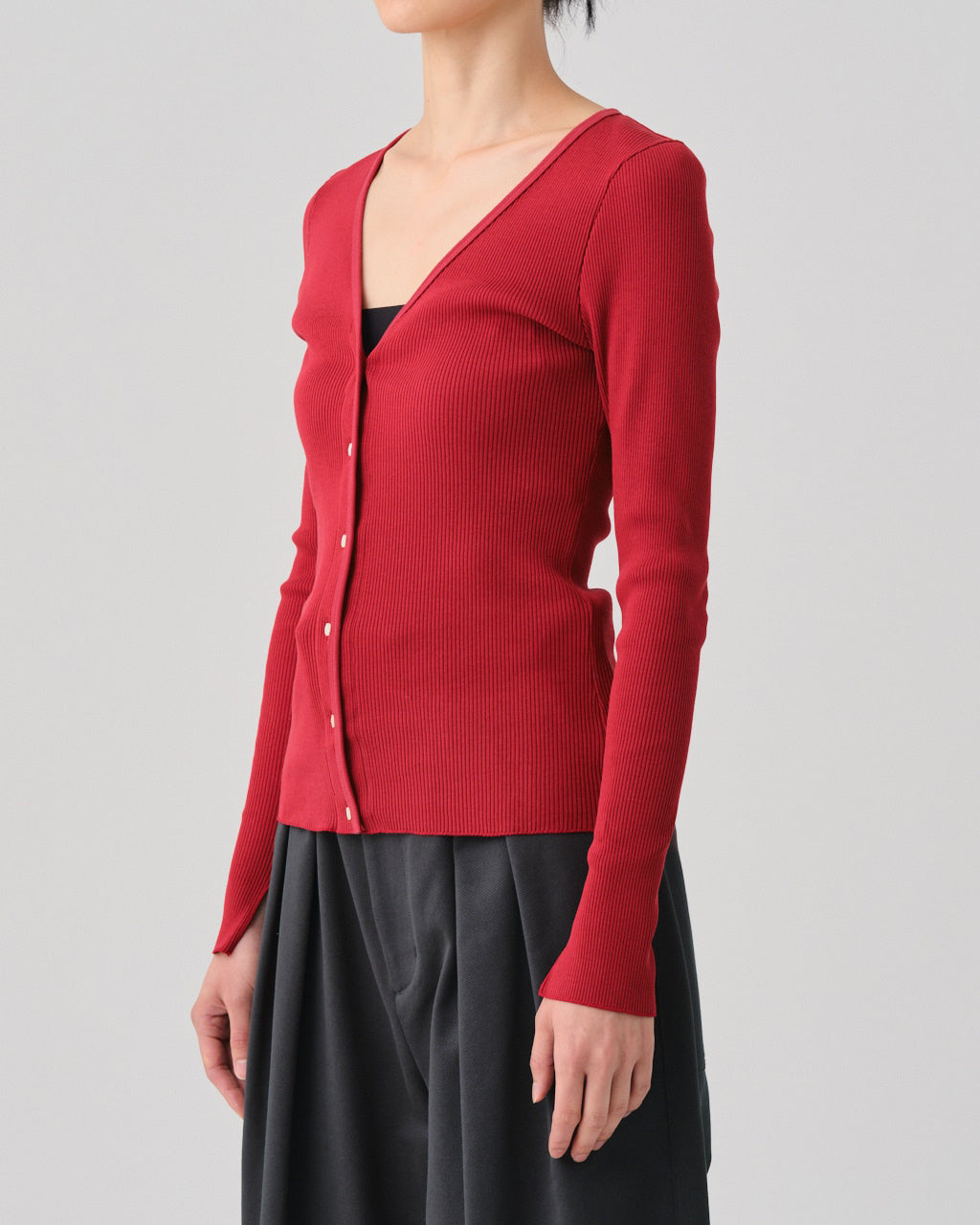 FRESCA-ZERO THICK RIB V NECK CARDIGAN - CHERRY RED