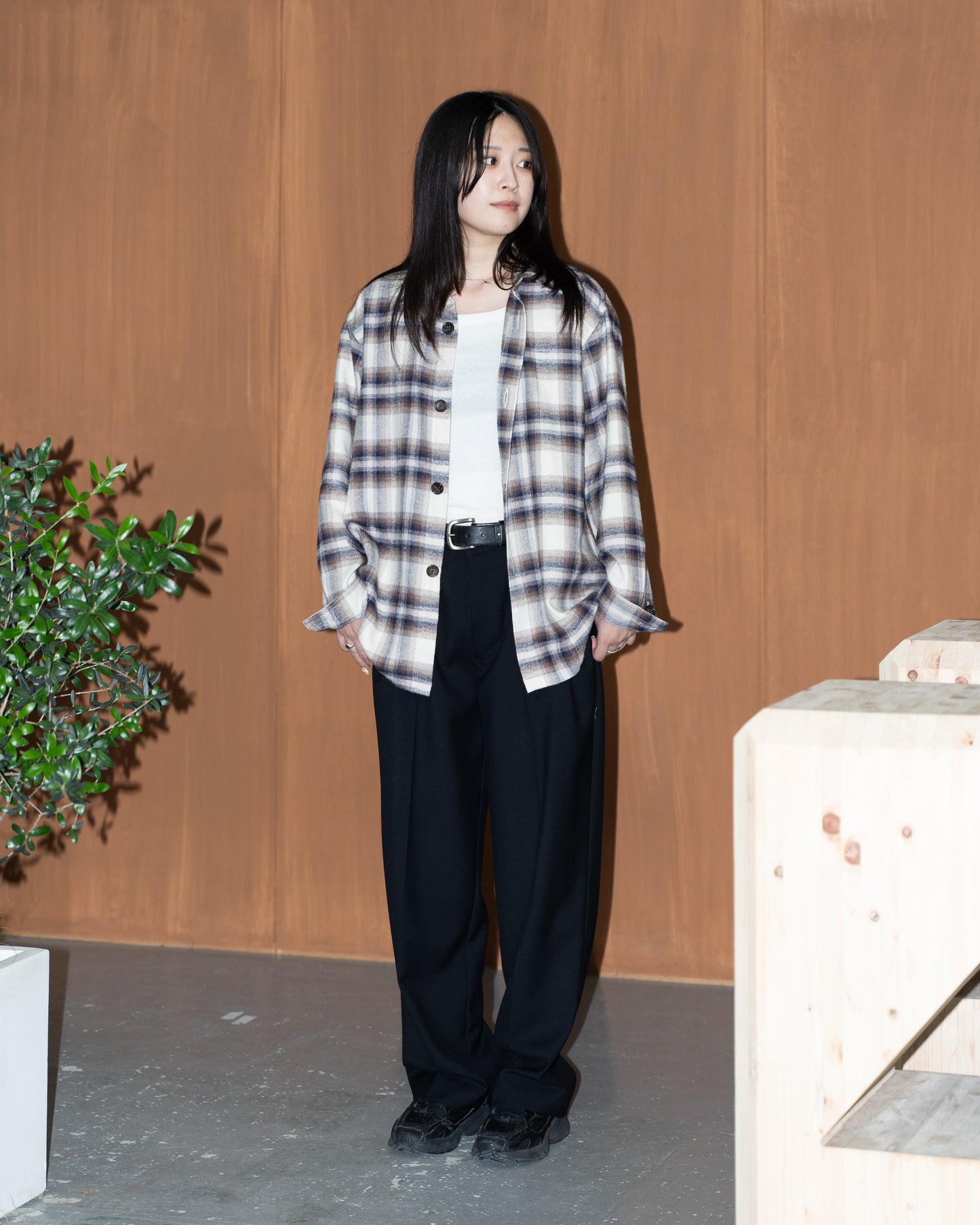 COTTON CHECK SHIRT JACKET (femme) - BROWN NAVY CHECK