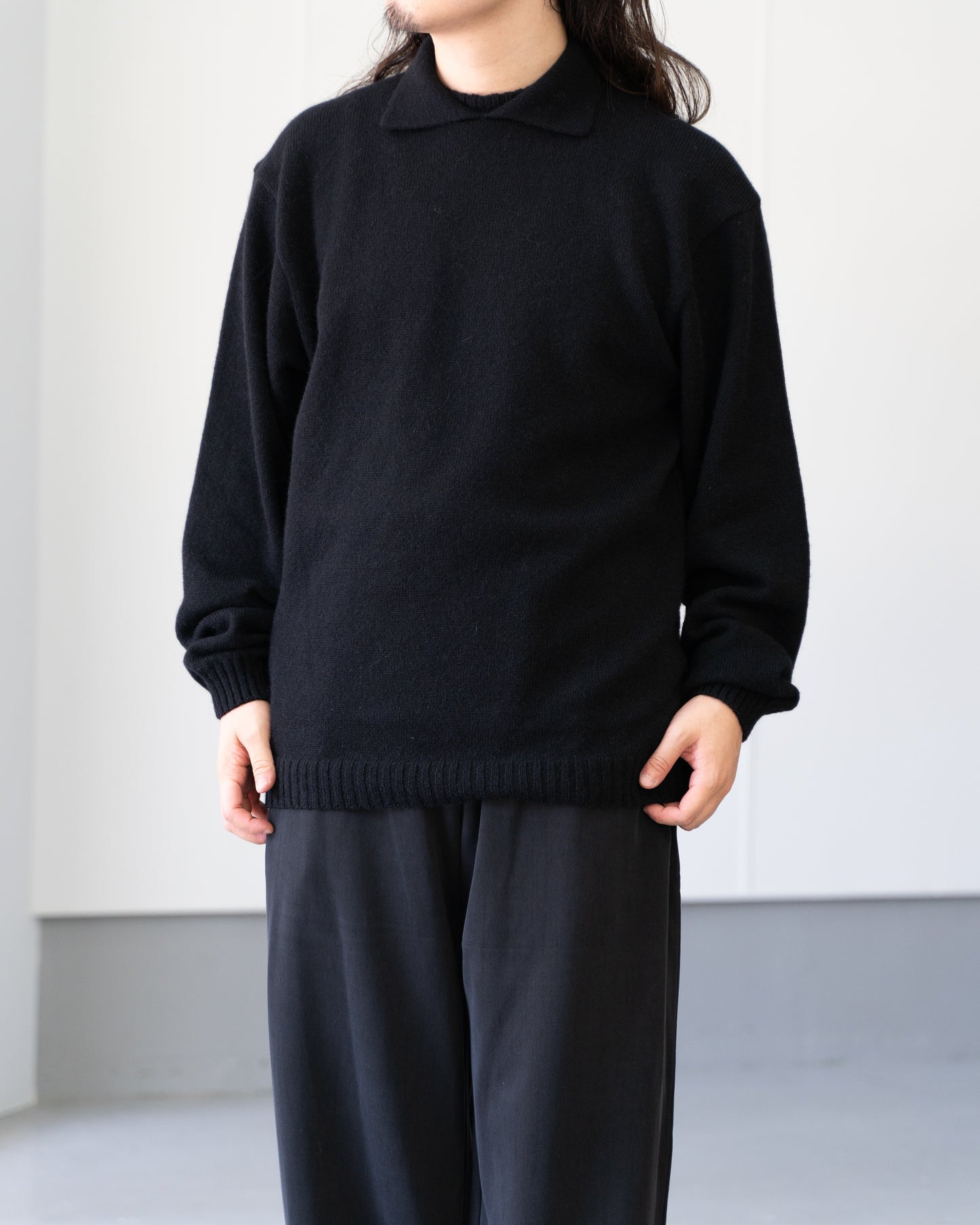 ALPACA POLO COLLAR KNIT SHIRT - BLACK