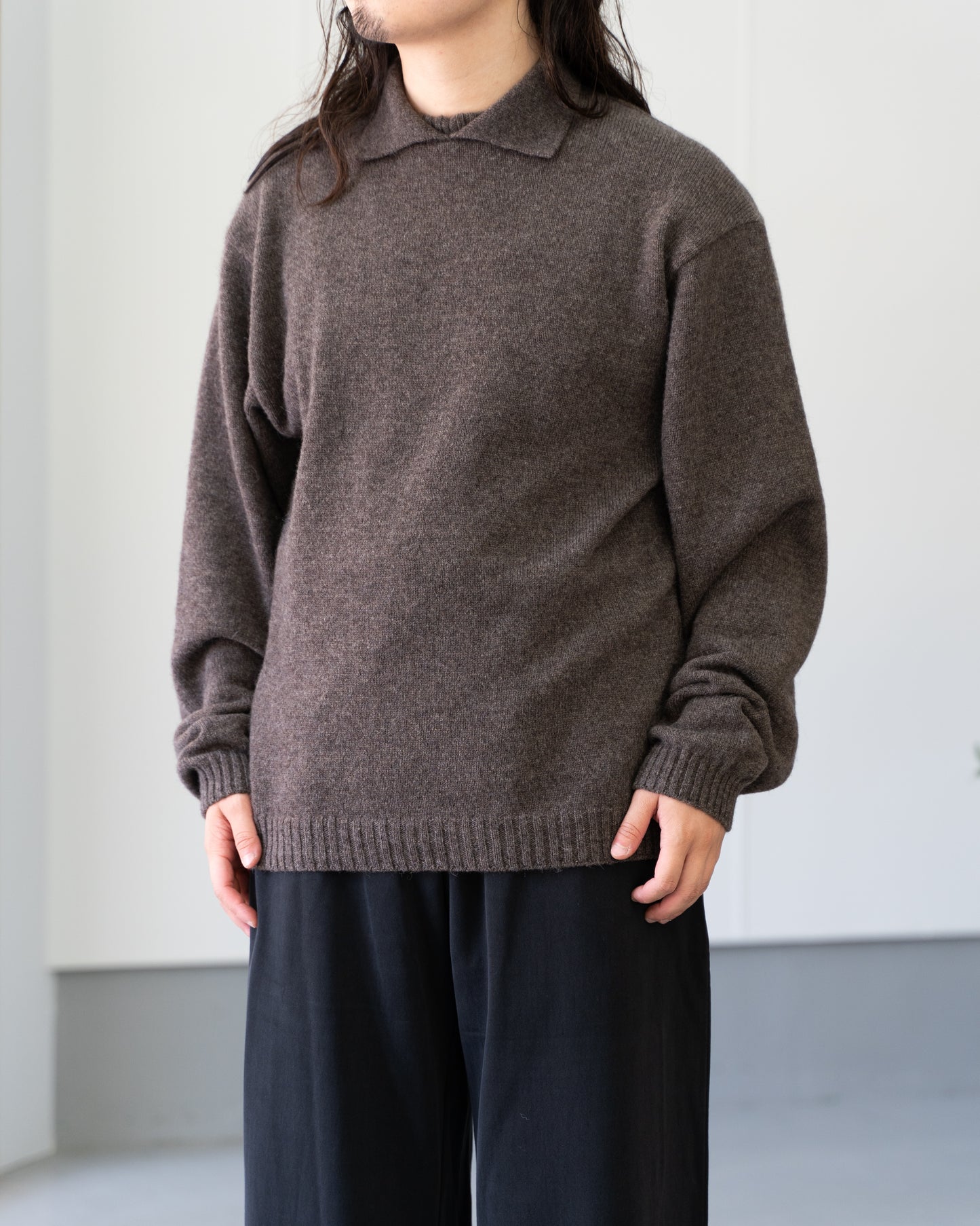 ALPACA POLO COLLAR KNIT SHIRT - BROWN