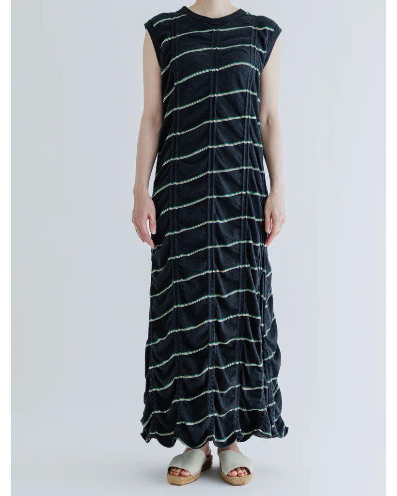 TUCKED JACQUARD BORDER SLEEVELESS DRESS - BLACK