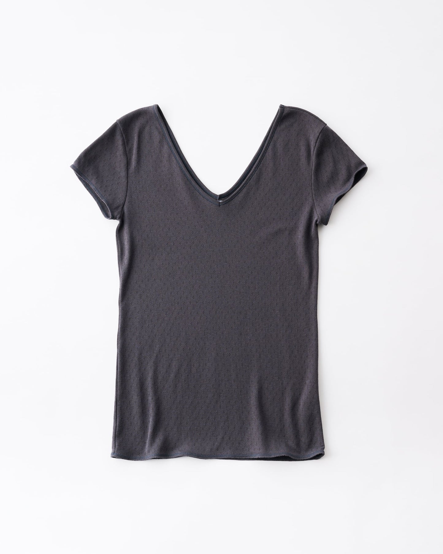 COTTON SILK PATTERN MESH JACQUARD COTTON SILK DOUBLE V NECK CAP SLEEVE T - CHARCOAL