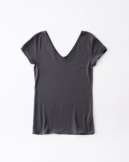 COTTON SILK PATTERN MESH JACQUARD COTTON SILK DOUBLE V NECK CAP SLEEVE T - CHARCOAL
