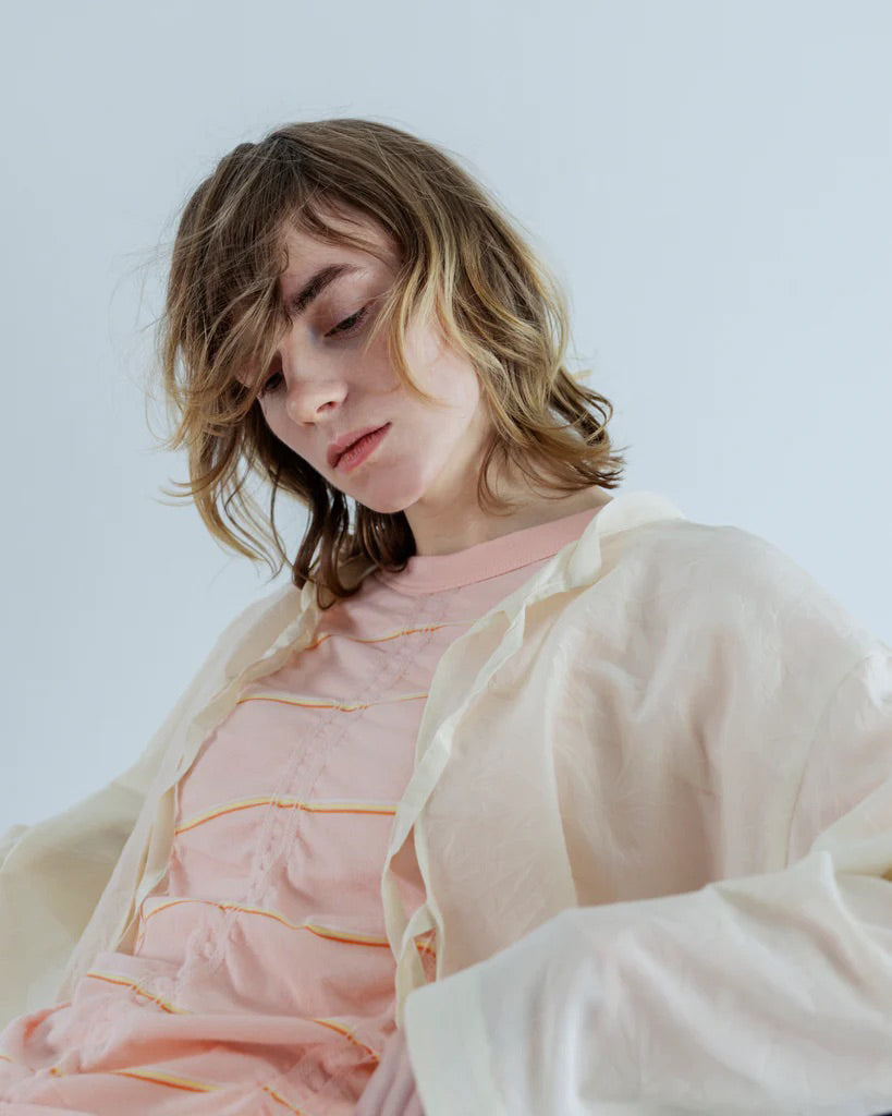 TUCKED JACQUARD BORDER PULLOVER - PINK