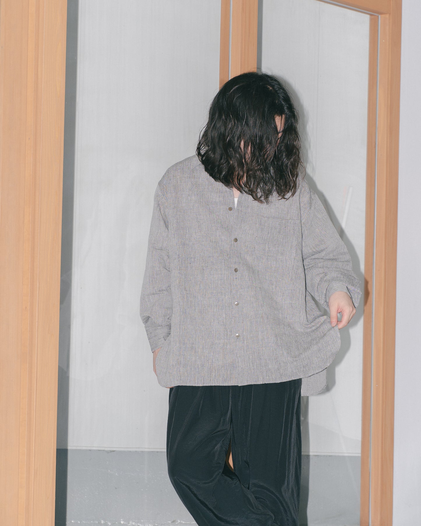 KHADIxLINEN REGULAR COLLER SHIRT - GRAY