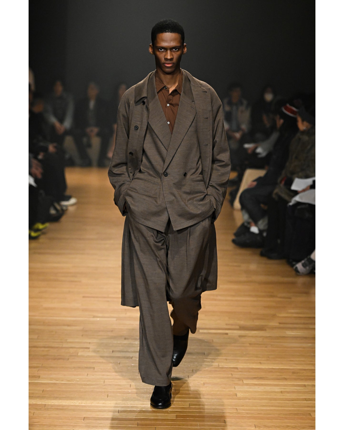 36G WOOL HERRINGBONE DOUBLE JACKET - BROWN