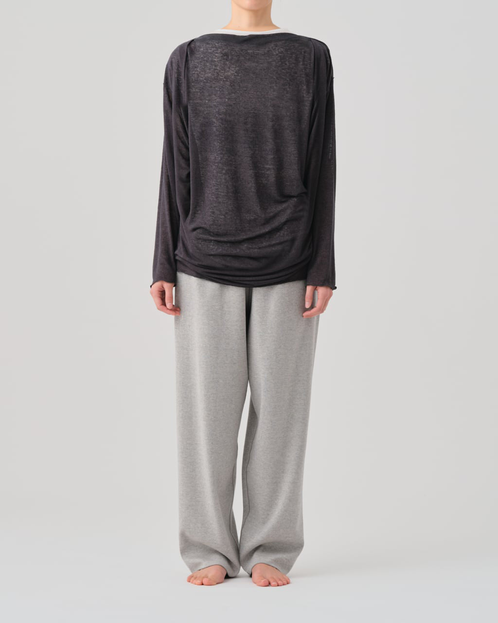 LINEN COVERED POLYESTER CORE FINE JERSEY DRAPED LONG SLEEVEPULL OVER - CHARCOAL GRAY