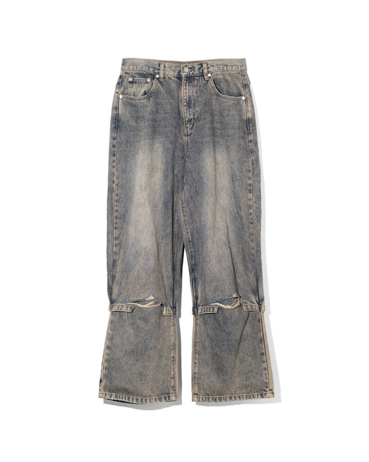 GREY ACID WASH LAYERED HYBRID JEANS - GREY ACID WASH