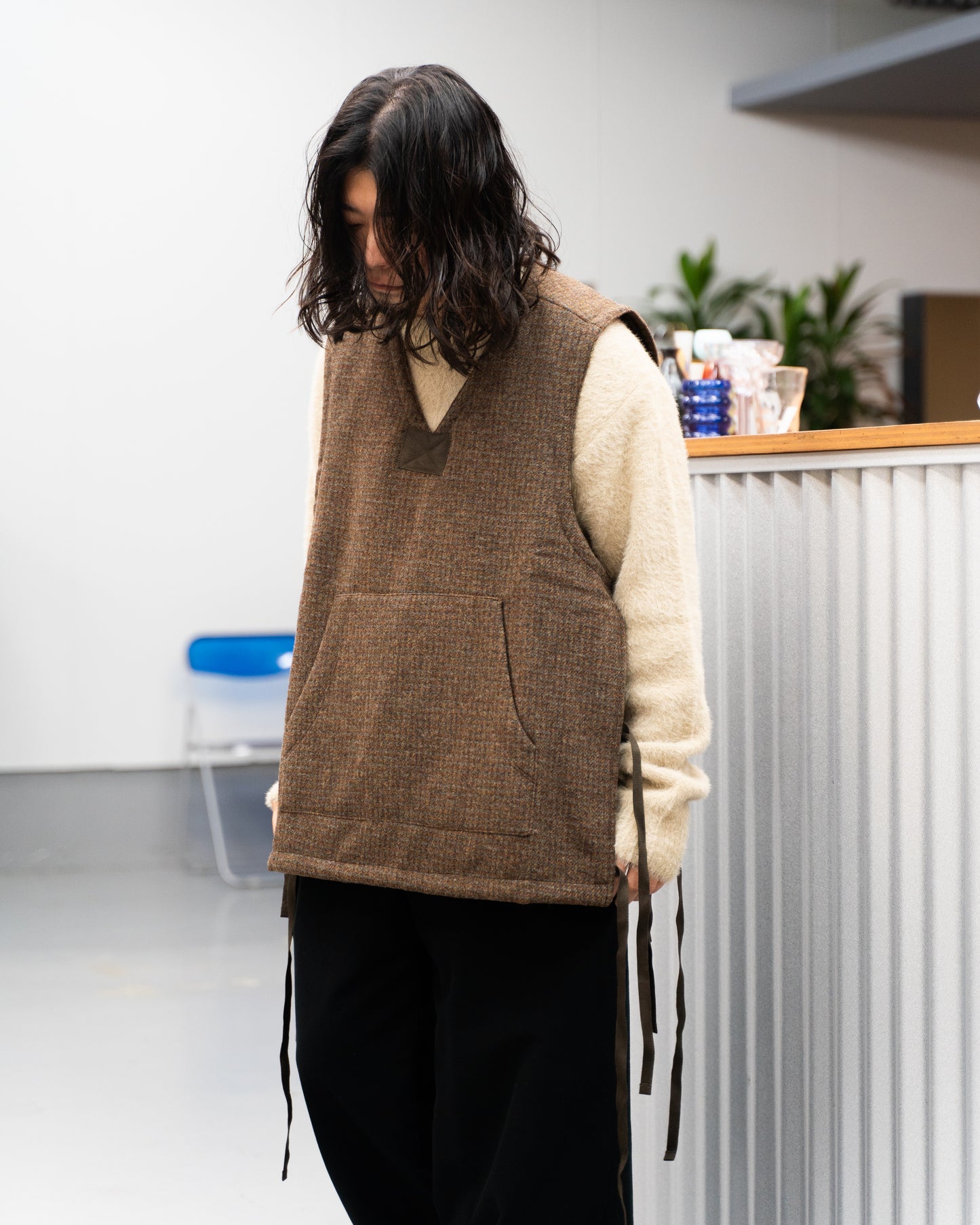 TWEED CHECK WOOLEN VEST - FOREST BROWN