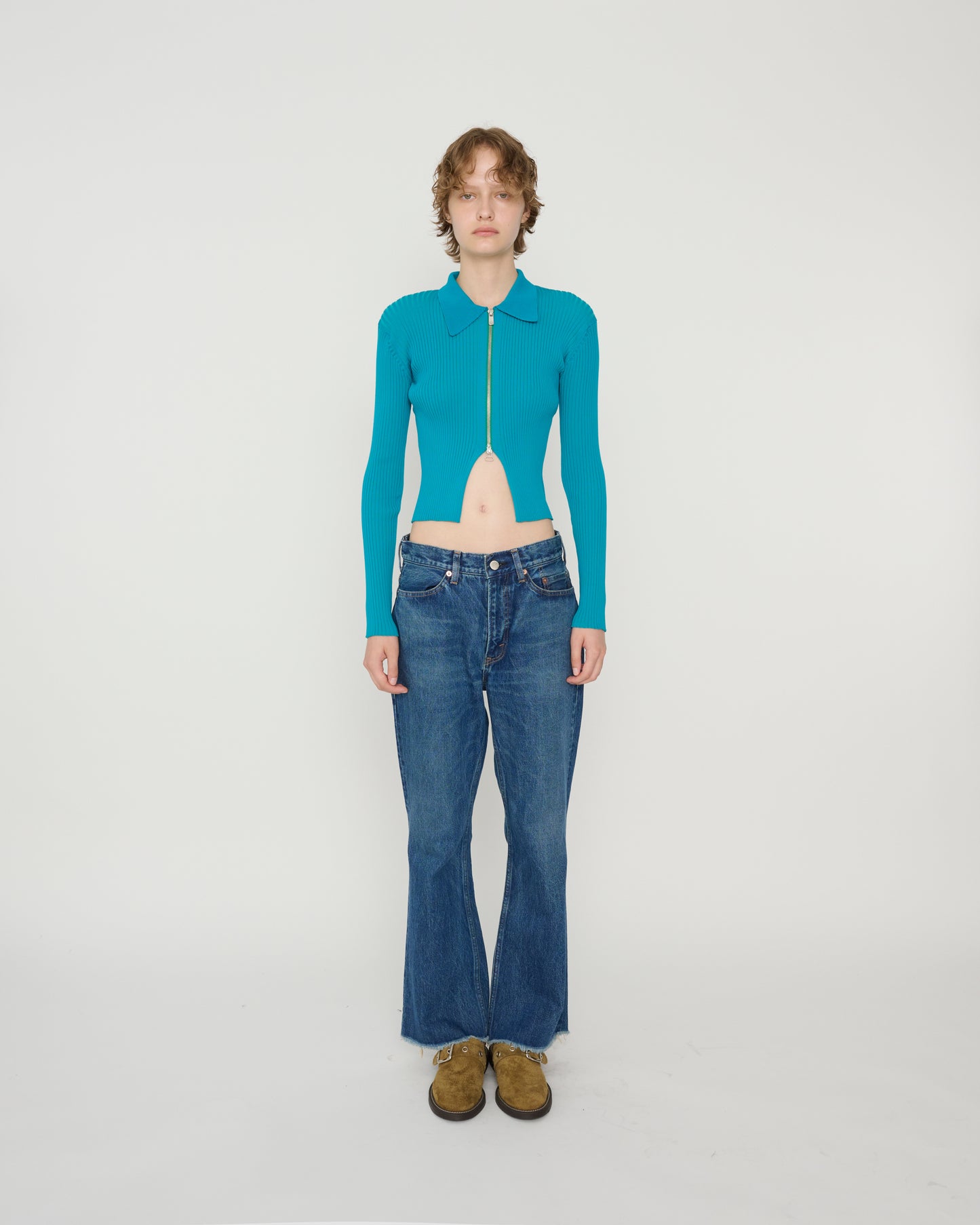 16G RIB DOUBLE ZIP CARDIGAN - AQUA BLUE