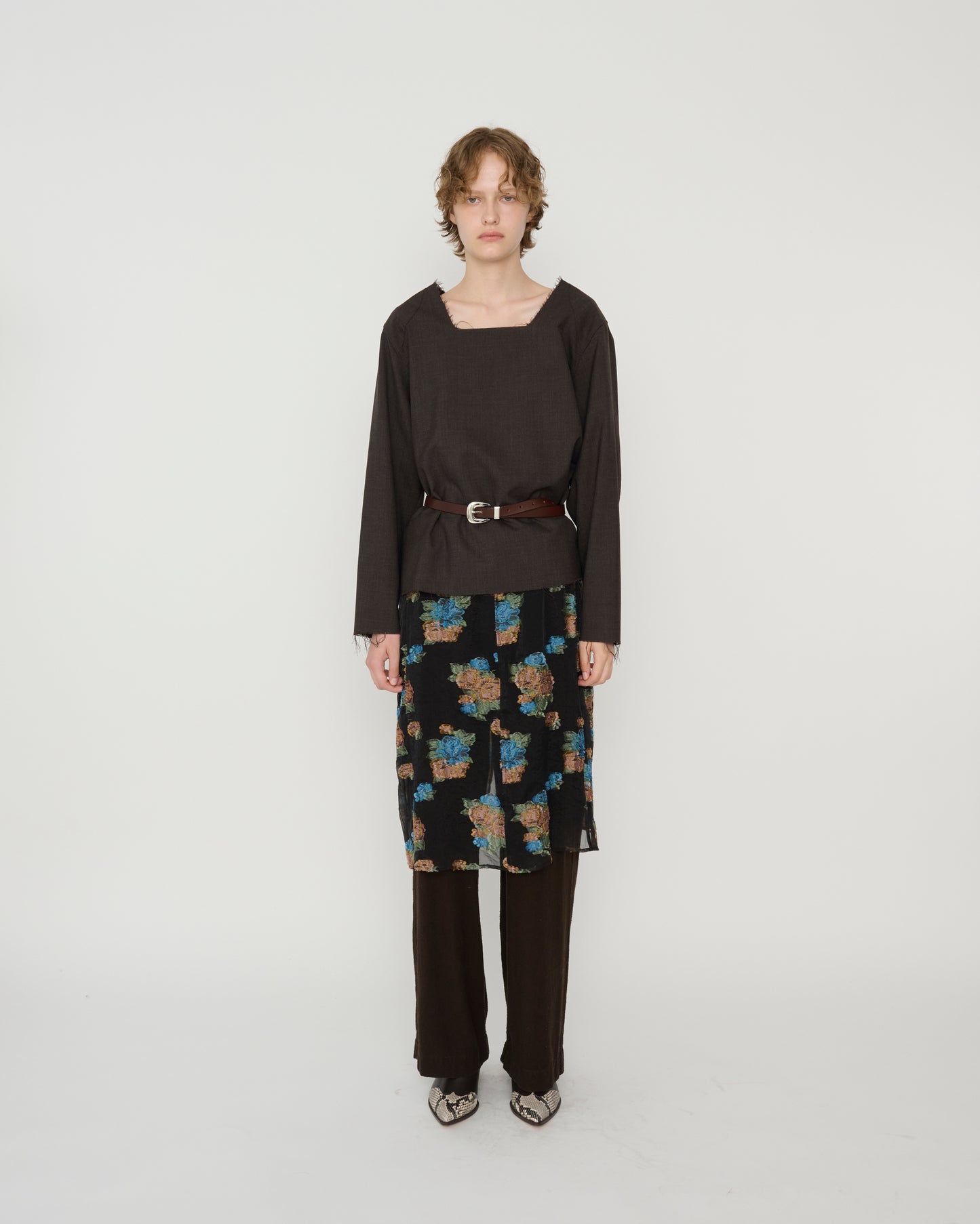 WASHABLE WOOL TROPICAL SQUARE NECK PULLOVER - BROWN