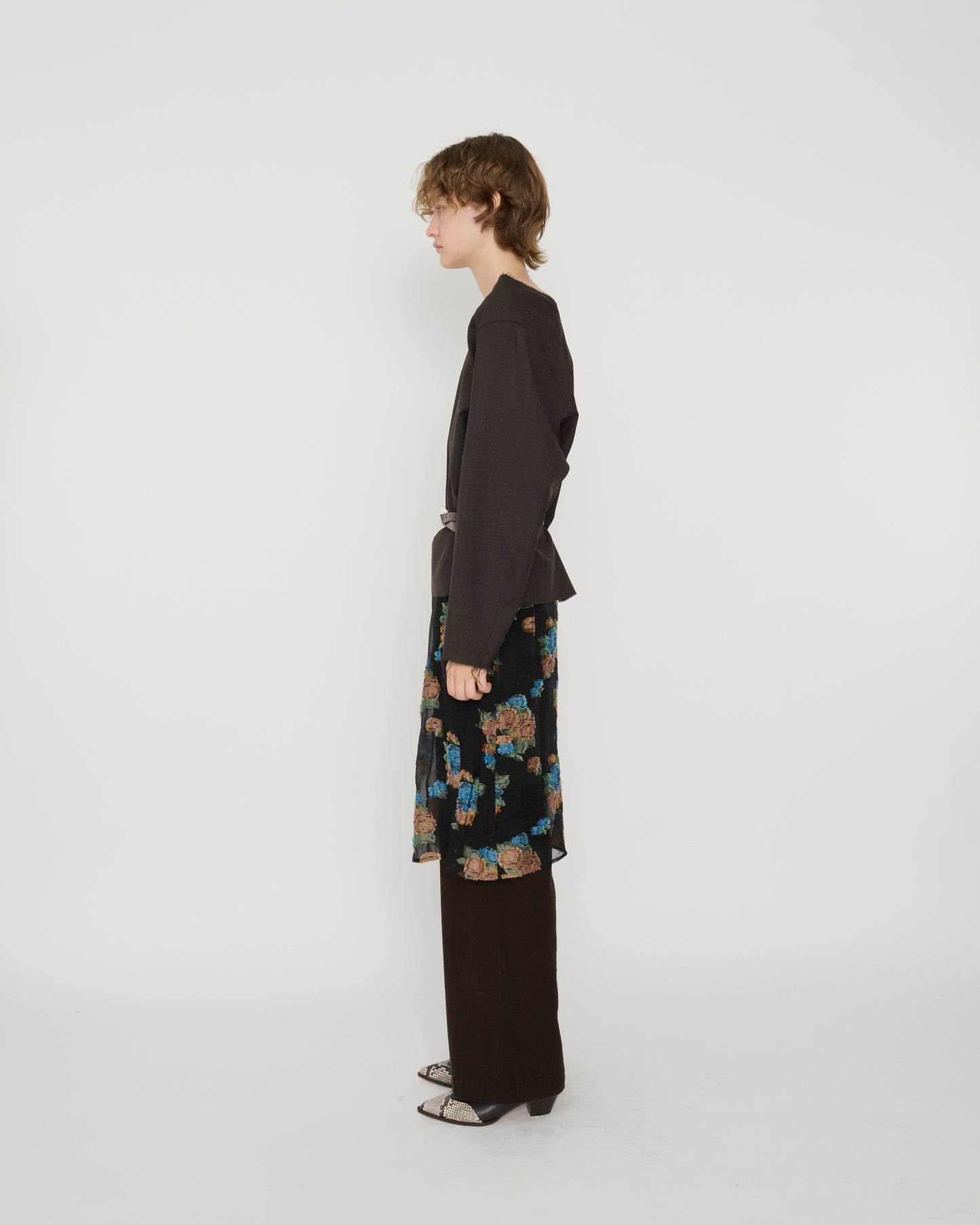 WASHABLE WOOL TROPICAL SQUARE NECK PULLOVER - BROWN