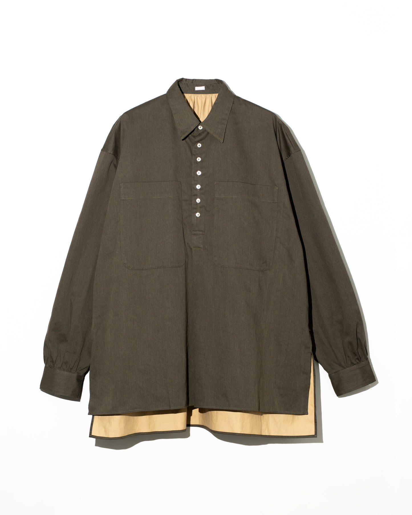 COTTN DYED SATIN OVER SIZE PULL OVER SHIRTS - KHAKI