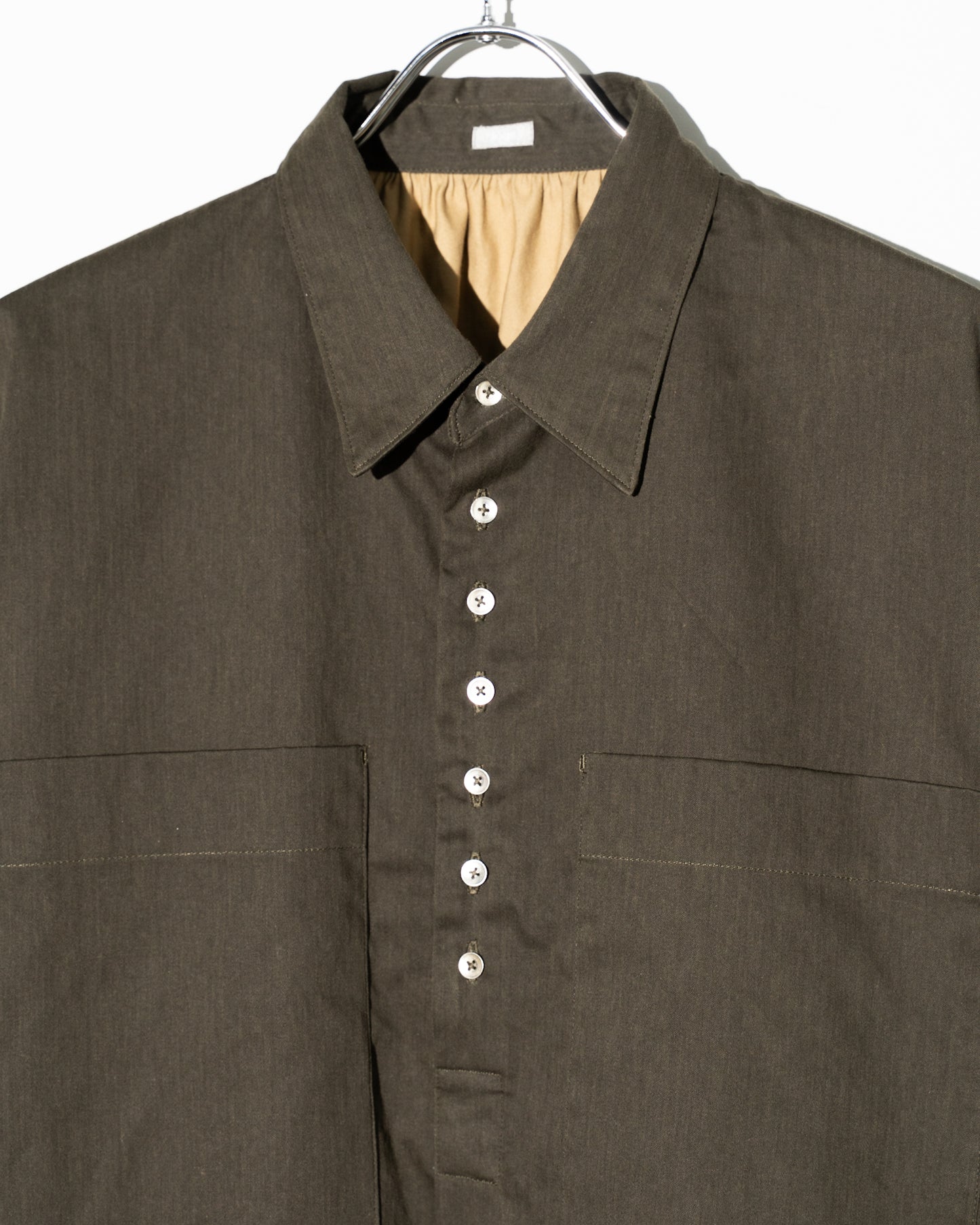 COTTN DYED SATIN OVER SIZE PULL OVER SHIRTS - KHAKI
