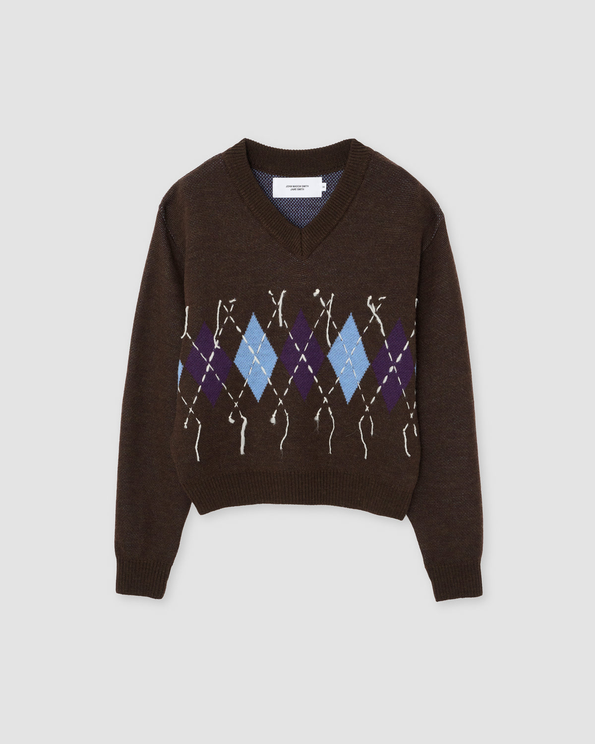 7G DOUBLE JACQUARD ARGYLE V NECK SWEATER - BROWN