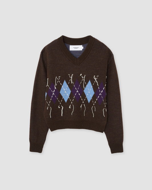 7G DOUBLE JACQUARD ARGYLE V NECK SWEATER - BROWN
