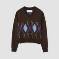 7G DOUBLE JACQUARD ARGYLE V NECK SWEATER - BROWN