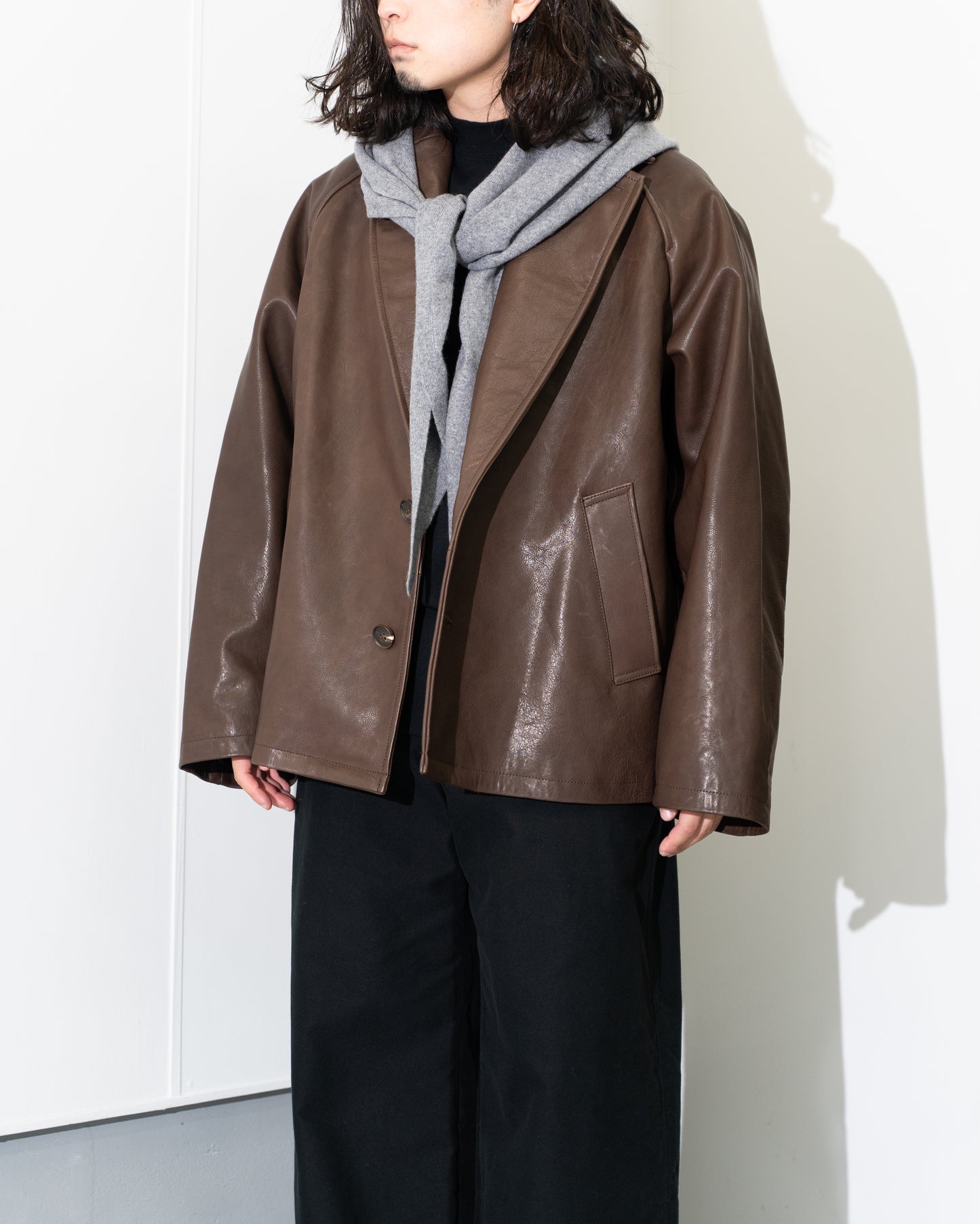 SHRINK LEATHER OVERSIZE RAGLAN JACKET - BROWN