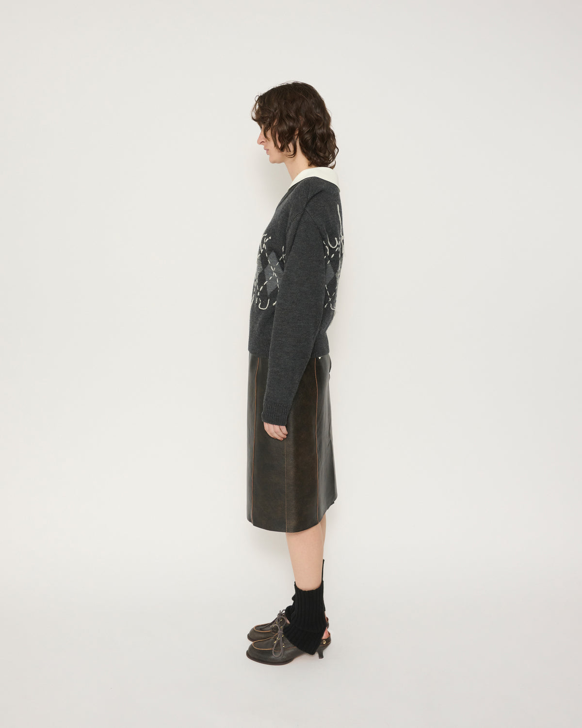 7G DOUBLE JACQUARD ARGYLE V NECK SWEATER - GRAY