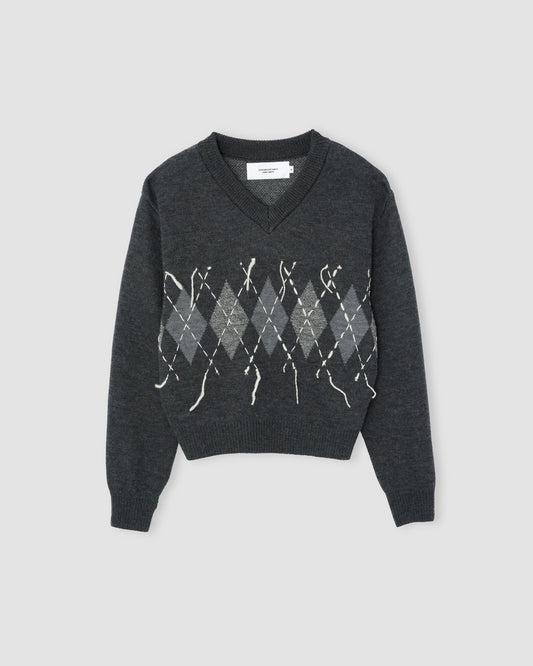 7G DOUBLE JACQUARD ARGYLE V NECK SWEATER - GRAY