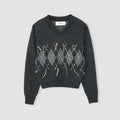 7G DOUBLE JACQUARD ARGYLE V NECK SWEATER - GRAY