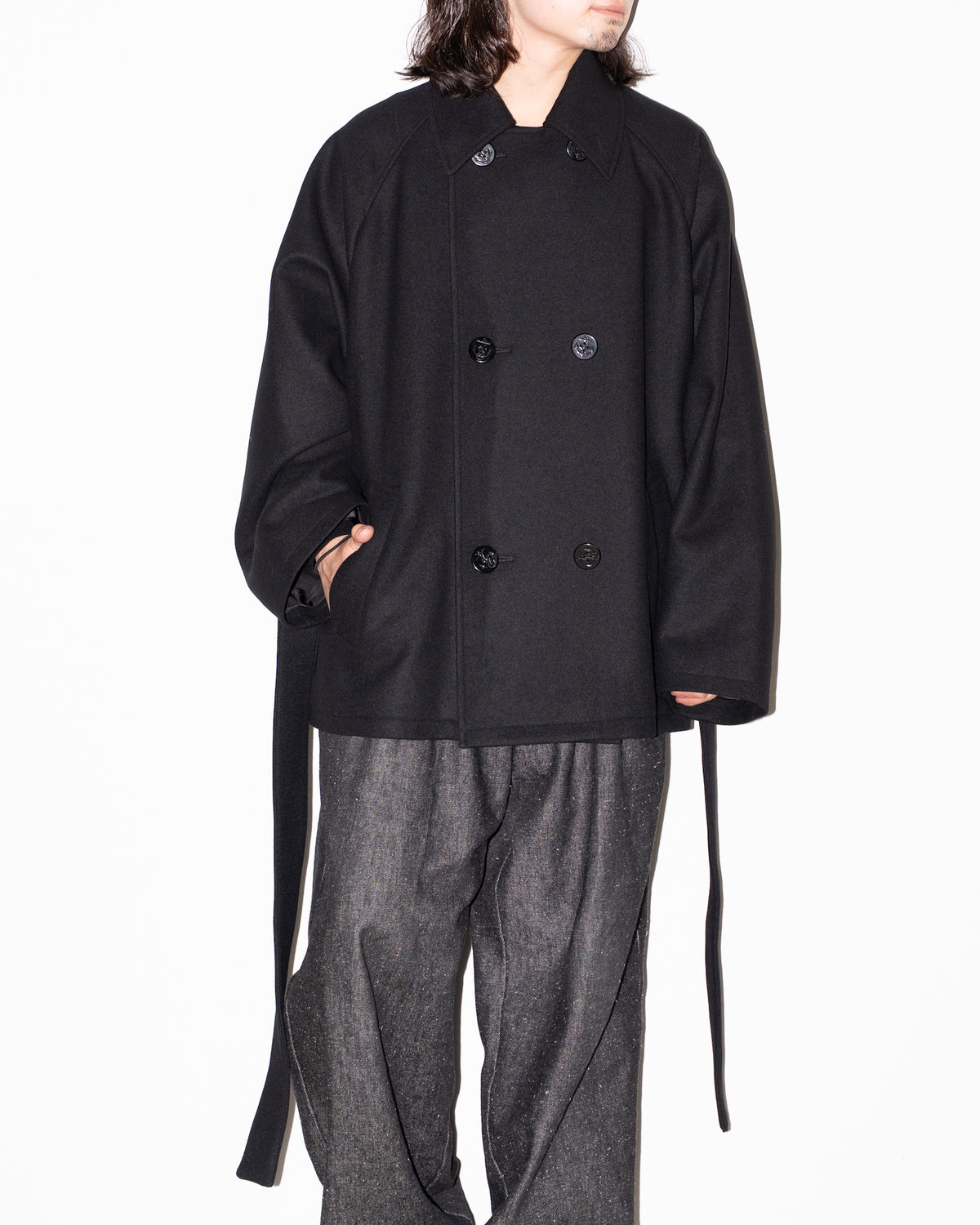 WOOL RAGLAN PEA COAT - BLACK