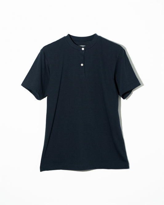 COTTON HENLEY NECK S/S T-SHIRT - NAVY