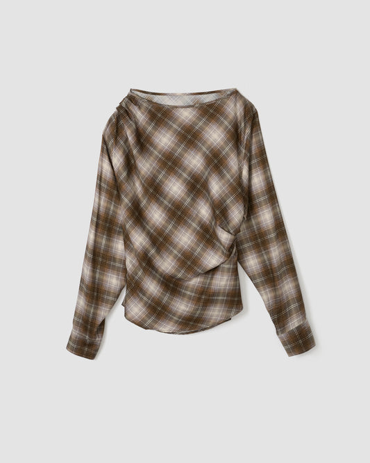 COTTON RAYON SILK PRINT CHECK TUCK GATHER P/O SHIRT - BROWN CHECK