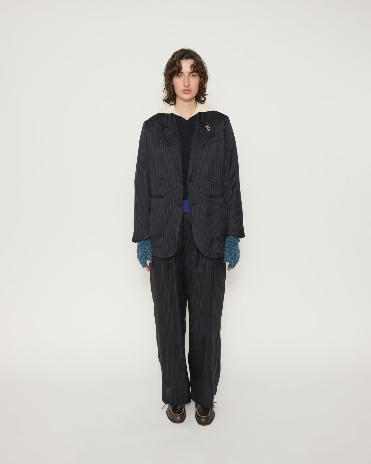 STRIPE CUPRO NOTCH LAPEL JACKET - NAVY STRIPE