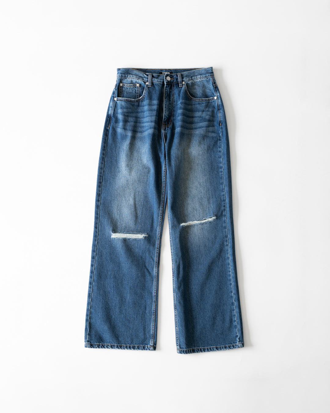 WASHED DESTORYED BREAK CUT FLARED JEANS - INDIGO