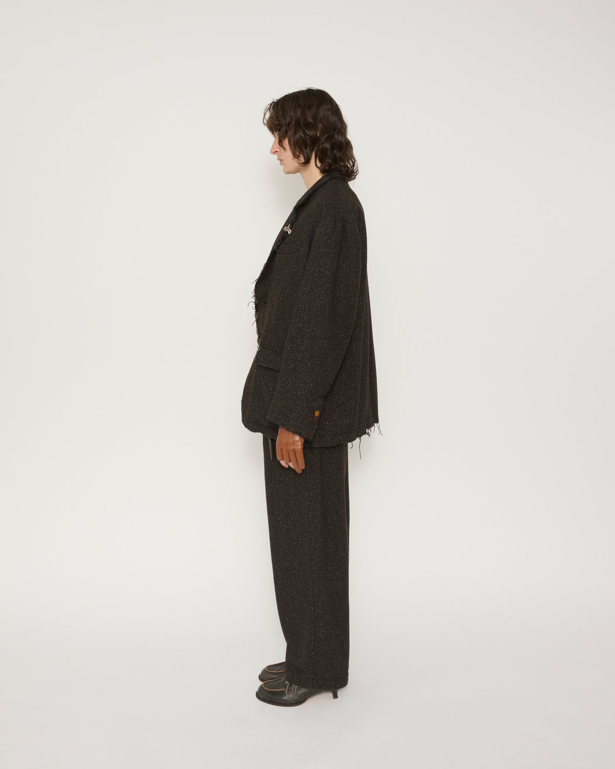 GARMENT WASHED SILKNEP TWEED JACKET - DARK BROWN