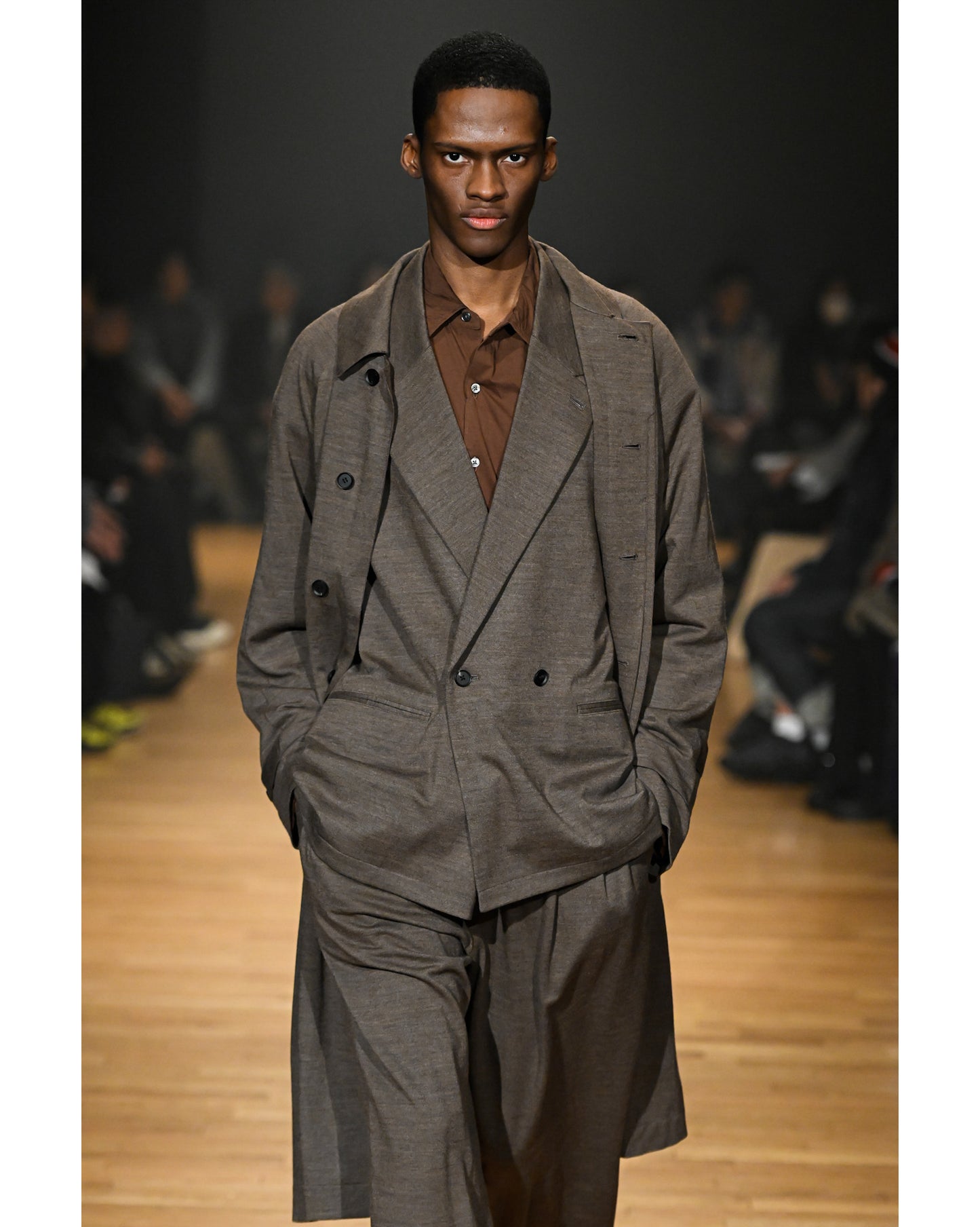 36G WOOL HERRINGBONE DOUBLE JACKET - BROWN