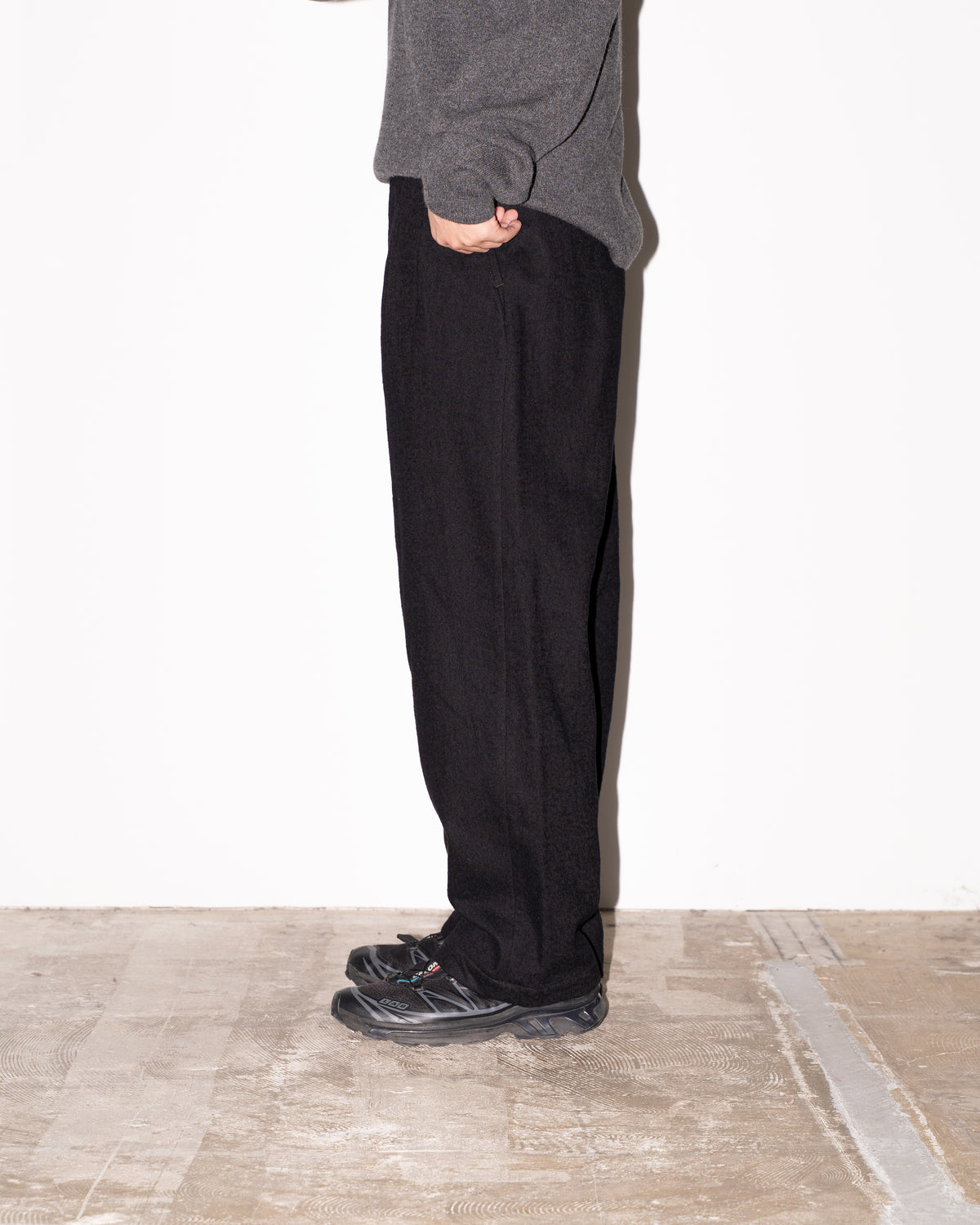BRUSHED COTTON WOOL TWILL PANTS - BLACK
