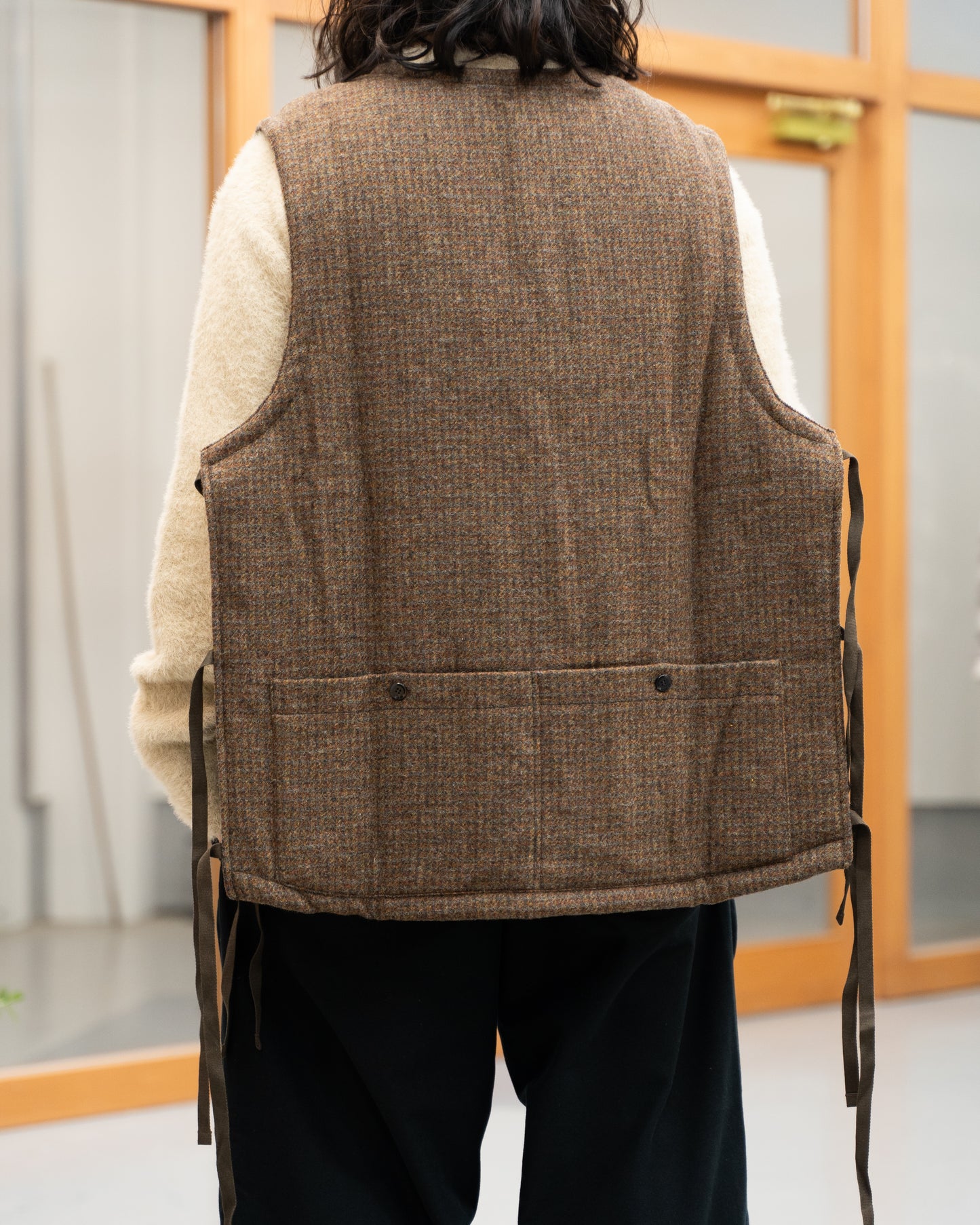 TWEED CHECK WOOLEN VEST - FOREST BROWN