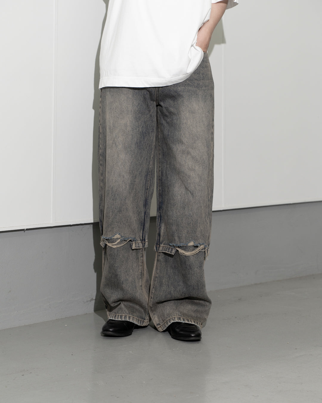 GREY ACID WASH LAYERED HYBRID JEANS - GREY ACID WASH